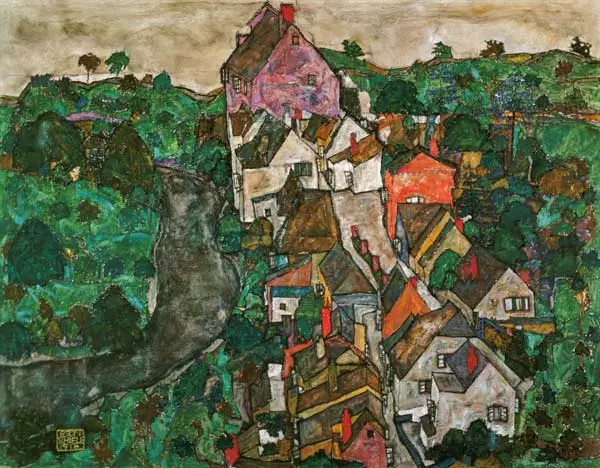Expressionistische Landschaft von Egon Schiele mit herbstlichen Tönen